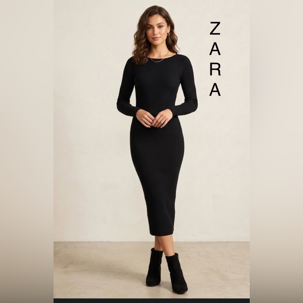 ZARA Black Ribbed Long Sleeve Maxi Dress - Size M - Bodycon Knit Dress
